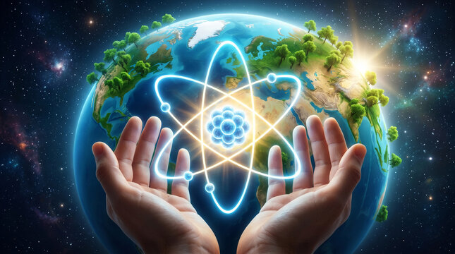 Conceptual representation of atomic structure and fission reaction inside a nuclear reactor core