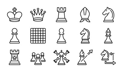 Chess Icons Set, Strategy Game Pieces Vector Graphics, Strategy Board Game Elements, Black and White Line Art © Emon