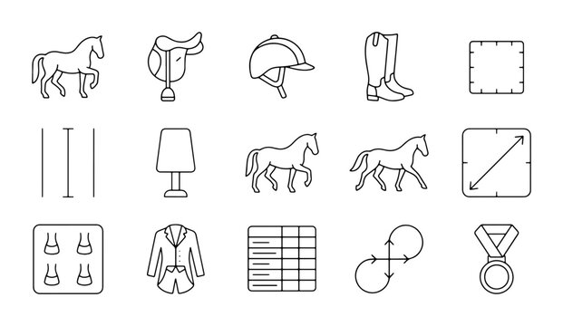 Equestrian Icons Set: Horse, Saddle, Helmet, Boots, Medal, Vector Graphics