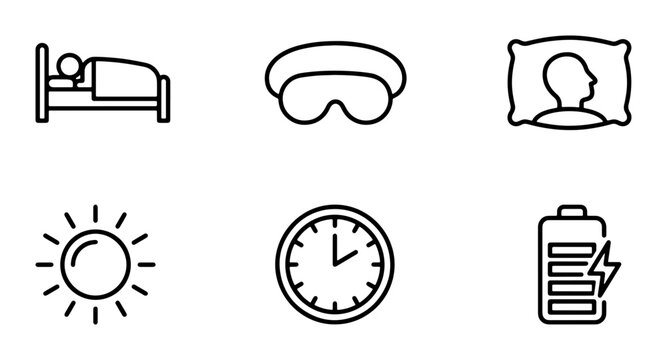 Sleep Icons Set: Bed, Mask, Pillow, Sun, Clock, Battery, Vector Graphics