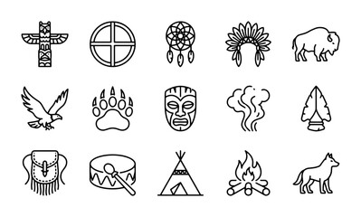 Native American Icons Set: Totem Pole, Dreamcatcher, Buffalo, Eagle, Teepee, Drum, Wolf, Fire © Imran