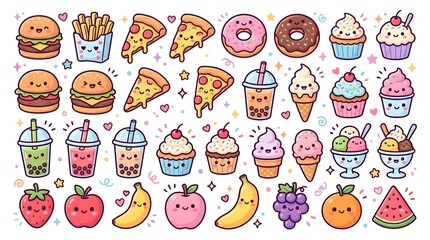 Obraz premium Cute Fast Food and Dessert Doodle Set Hand Drawn Kawaii Snacks Collection