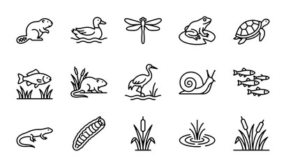 Pond Life Icons Set: Aquatic Animals, Insects, Reptiles, Plants, Vector Graphics © Imran