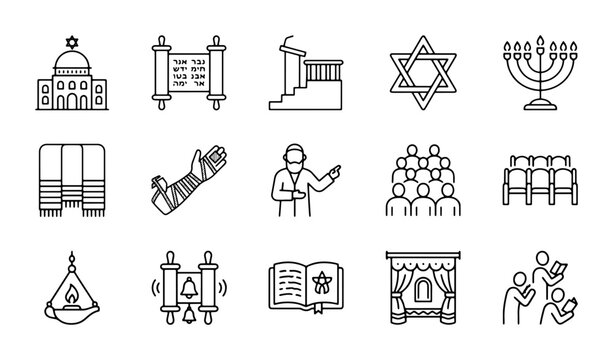 Jewish Religious Symbols Vector Icons Set, Synagogue, Torah, Menorah, Star of David, Culture