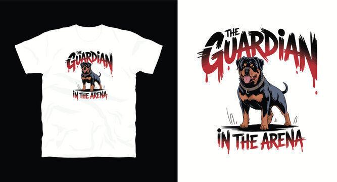 Powerful rottweiler t-shirt design vector illustration, guardian dog art, fierce pet graphic.