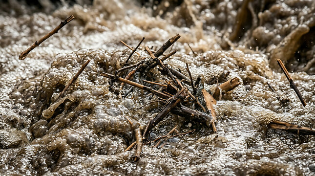 Turbulent stream with debris close up of rushing water and wood