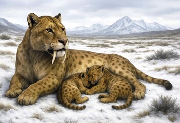 Fototapeta premium A sabre-toothed tiger, sabre-toothed cat, smilodon (Machairodontinae) with young animals resting in the cold steppe during the ice age, symbolic image predator, prehistoric, extinct, animal portrait, Pleistocene, AI generated, AI generated