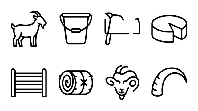Goat Farm Icons Set: Livestock, Dairy, Tools, and Fencing Vector Graphics