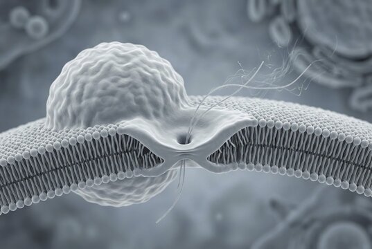 Microscopic scientific visualisation of a lipid nanoparticle (LNP) fusing with a human cell membrane to release mRNA drugs. Detailed visualisation of the cellular uptake process in modern biotechnology and vaccine research, AI generated