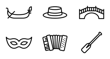 Venice Icons: Gondola, Mask, Accordion, Bridge, Hat, Paddle Vector Set © Mitu