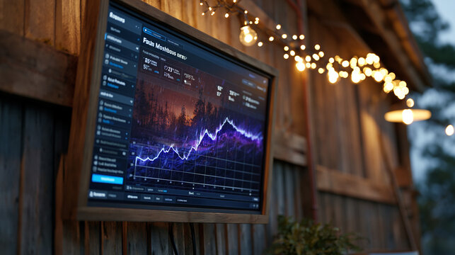 A farm-specific weather dashboard glows on a mounted barn wall screen at twilight blue hour, showing hyperlocal frost probability and rainfall deviation alerts for the coming week, precision meteoro