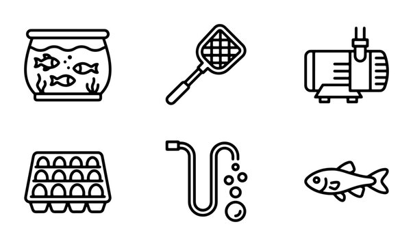 Aquarium Equipment Icons, Fish Tank Accessories, Pet Care Supplies, Vector Set