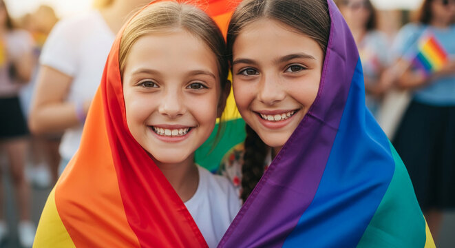 Two smiling girls share a rainbow flag, symbolizing LGBTQ+ pride and acceptance, representing unity, joy, and community for an inclusive society