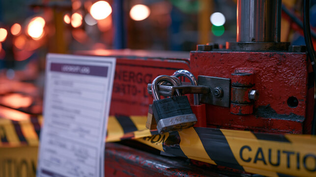 Aftermath of factory floor equipment lockout tagout procedure showing multiple padlocks and hasp assembly on energy isolation point, posted lockout log sheet with technician signatures, caution barr