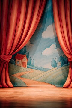 A small stage is ready for a kids theater performance. The curtain is closed, and a painted backdrop shows a landscape with houses and trees. The space awaits young performers
