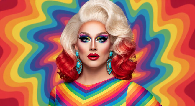 A drag queen with bold makeup, bright wig, and rainbow attire, set against a vibrant rainbow wave background, symbolizing LGBTQ+ pride and celebration