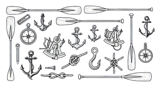 Nautical Vintage Elements: Oars, Anchors, Compasses, Knots, Sextants, Hook