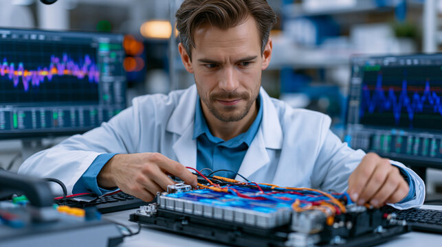 EV battery module testing engineer connecting impedance analyzer leads to prismatic cell stack on lab bench, oscilloscope waveforms visible on monitor, thermal imaging camera positioned overhead cap
