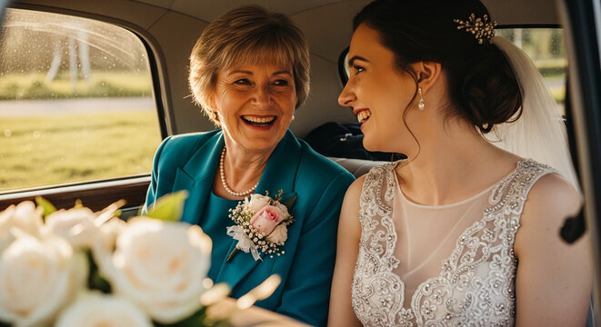 Smiling woman and bride in a car, symbolizing joy, tradition, and family celebration, representative of wedding moments.