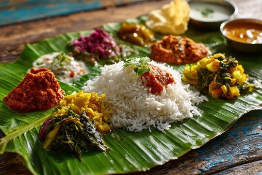 Cultural vegetarian banquet served on a banana leaf with fresh, aromatic accompaniments