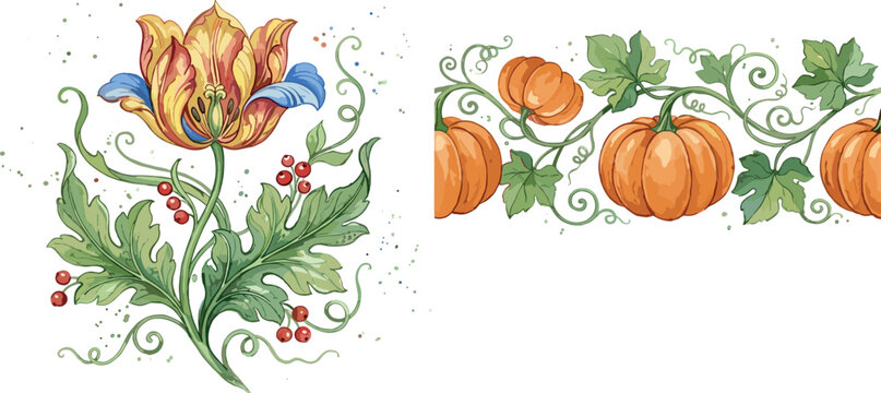 Autumn Pumpkin Seamless Border Design and Decorative Vintage Floral Ornament Vector Element Featuring Yellow Tulip Flower and Red Berries