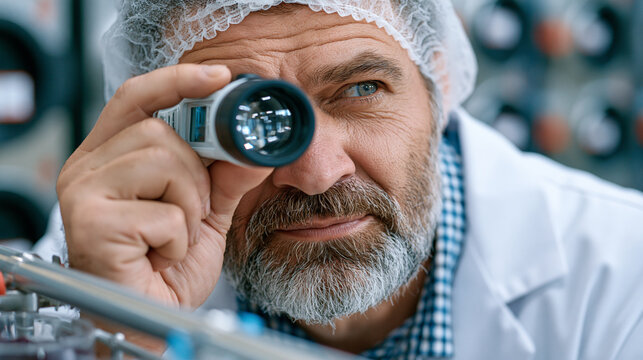 Food factory quality assurance inspector holding digital refractometer to eye while examining fruit preserve batch on stainless processing line, hairnet and lab coat worn, refrigerated storage units