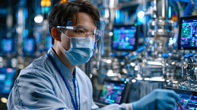 Plant-based protein fermentation scientist monitoring bioreactor cultures through observation window in biotechnology production suite, sterile gowning and face shield in place, row of stainless fer