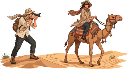 Tourist couple on desert safari adventure with man taking photos and woman riding a camel, vector illustration. © MDMAHABUR