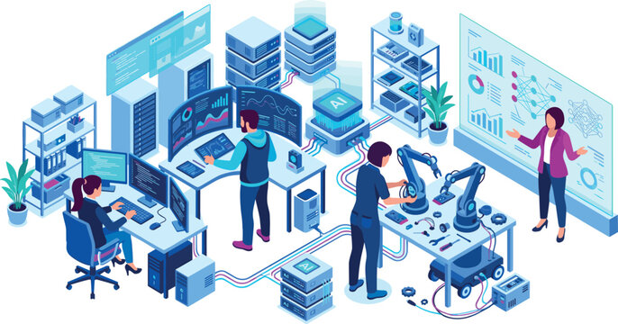 Automated manufacturing control room with technicians working on robotics programming data analysis and ai technology illustration