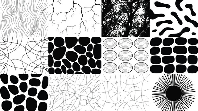Minimalist vector set of seamless monochrome patterns including wavy lines circular dots cracked stone effects and abstract organic shapes for modern graphic design.