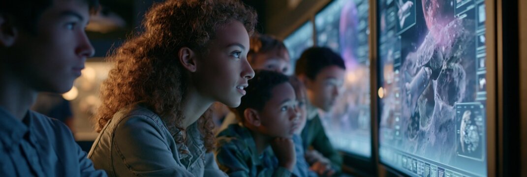 Focused side view of attentive learners in a dark observatory highlighted by sharp rim lighting around space relics and interactive digital information boards.
