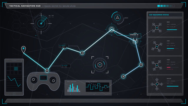 Futuristic tactical drone navigation HUD with glowing route map, remote controller, telemetry charts, and squadron status panels on a dark screen