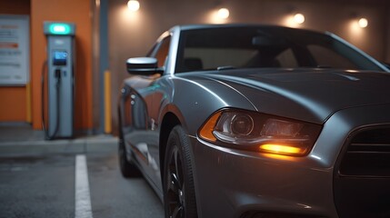 Fototapeta premium A modern vehicle is parked near an electrical charging station in an urban outdoor setting