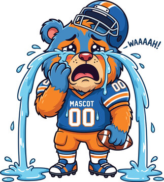 Sad bear mascot in football uniform crying heavily with football disappointment competition anthropomorphic