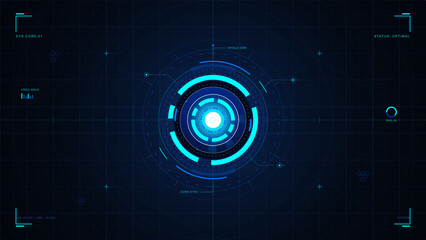 Futuristic cyan HUD interface with glowing central core, circular shield rings, system status markers, and dark blue technical grid background. © Антон Сальников