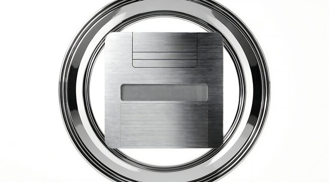 Vintage floppy disk metallic disk retro storage silver texture isolated object white background glossy ring technology icon data media square