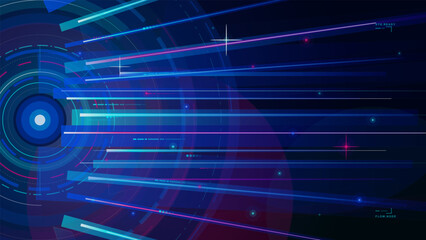 Fototapeta premium Abstract futuristic data flow background with glowing blue and magenta light streaks, circular HUD rings, grid overlays and dark digital space.