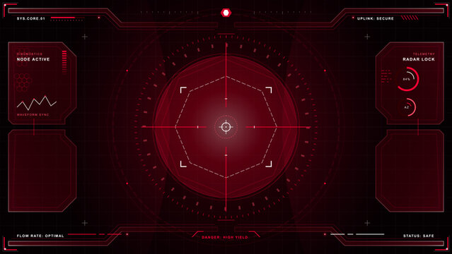Dark red futuristic HUD interface with central radar reticle, hexagon targeting zone, diagnostics panels, waveform graph and secure uplink labels.