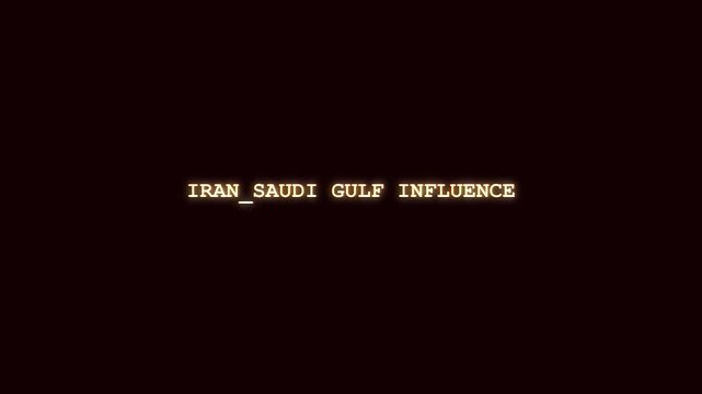 Iran Saudi Gulf influence bright red neon typography with digital hacking glitch and cybernetic data scramble on dark background for Middle East geopolitical news broadcast
