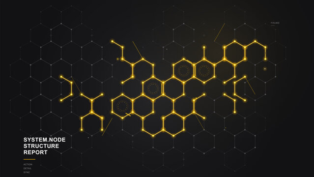 Dark scientific technology vector background with glowing yellow hexagonal molecular network, connected nodes, honeycomb grid, and system report text