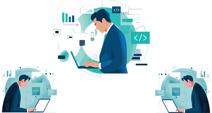 Professional software developers working on laptops with digital data interface icons representing artificial intelligence programming and futuristic technology vector,.