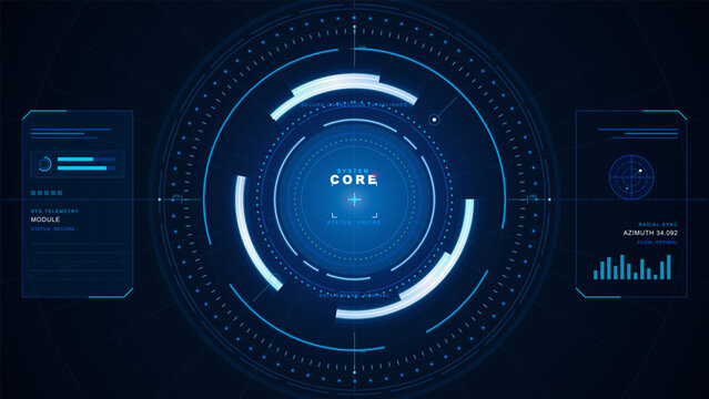 Futuristic blue HUD vector interface with glowing circular system core, side telemetry panels, radial data ticks, charts, and dark digital background