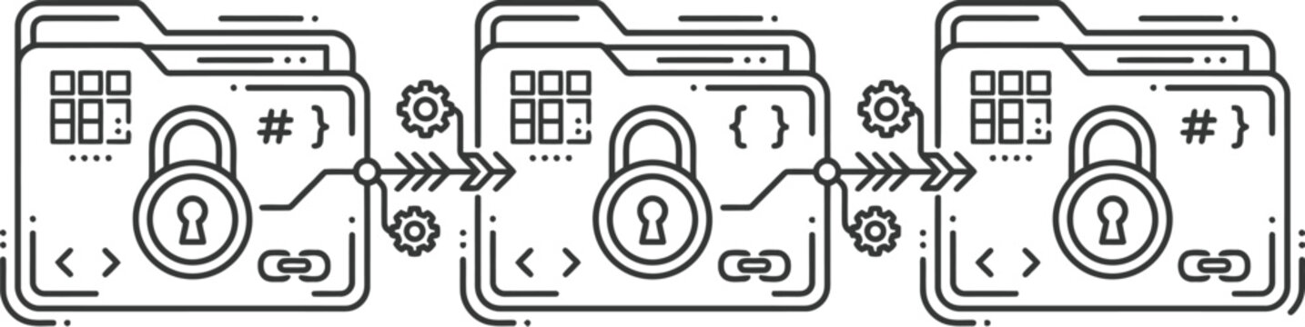 Linked folders featuring padlock icons and programming syntax symbols represent secure data storage and blockchain technology concepts in this clean and professional flat vector line illustration