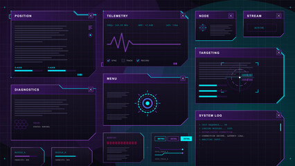 Fototapeta premium Futuristic purple HUD vector dashboard with multiple data panels, telemetry waveform, targeting display, system log, cyan accents, and dark grid