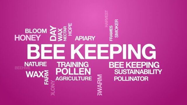 Bee keeping concept Animated Tag Word Cloud kinetic typography, Text Design Animation typography seamless loop video motion graphics Intro Wordart arrangement tagcloud pink background bg backdrop 
