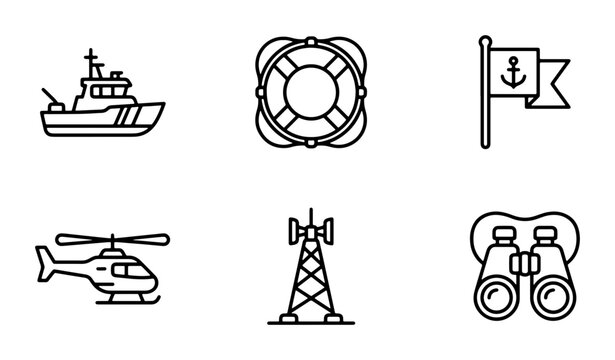 Nautical and Aviation Icons: Ship, Helicopter, Signal Flag, Binoculars, Lifebuoy, Tower