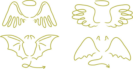 Angel wings and bat wings in various line art styles for design and decoration purposes  simple illustrations of wing shapes © NOMAN