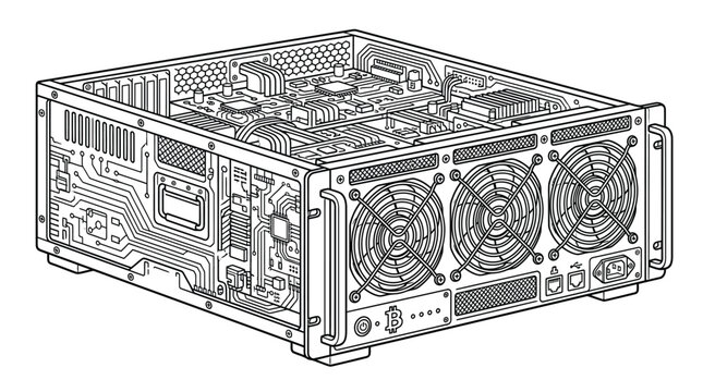 High performance bitcoin mining server hardware machine featuring complex electronic circuitry and cooling fans presented as a detailed black and white scalable digital vector line illustration