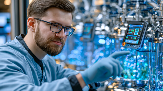 Plant-based protein fermentation scientist monitoring bioreactor cultures through observation window in biotechnology production suite, sterile gowning and face shield in place, row of stainless fer