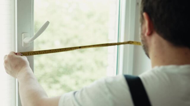 Handyman Measuring Window with Tape Measure for Renovation